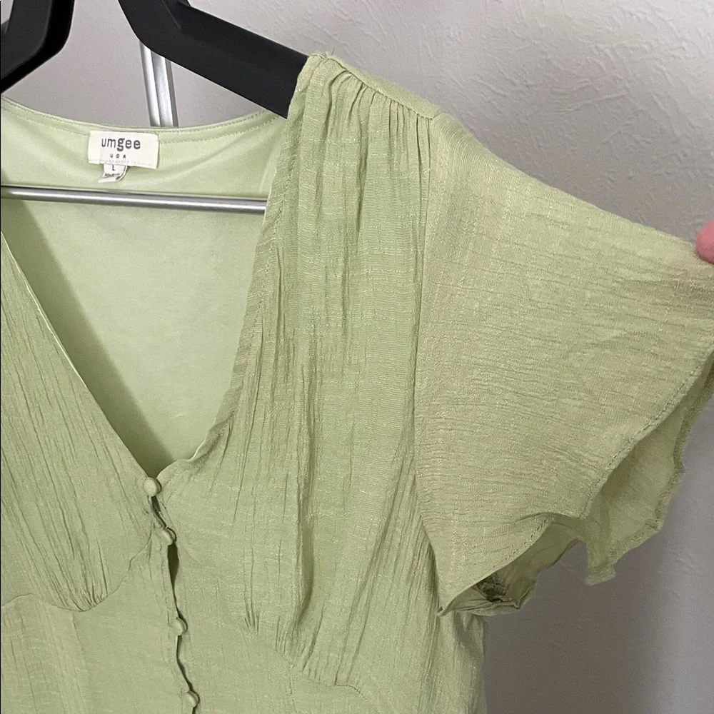 Umgee Sage Green Mini Dress with Front Button Detail and Tie Back - Picture 5 of 8